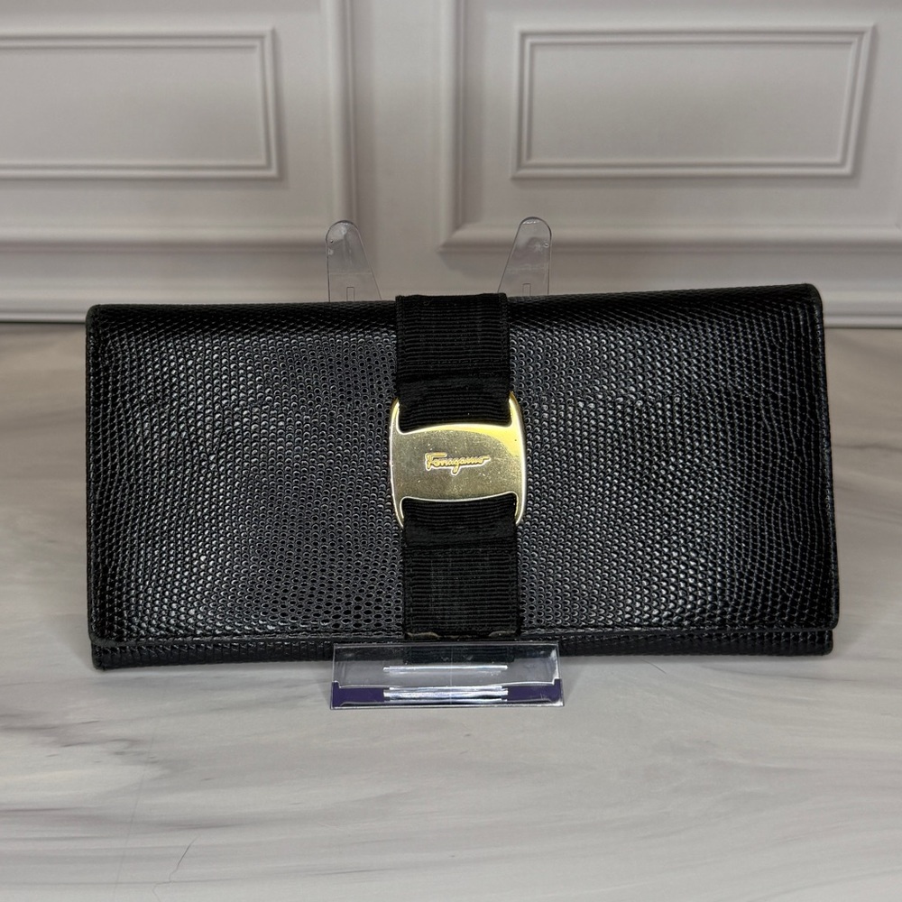 Salvatore Ferragamo Black Long Wallet with Gancini Hardware
